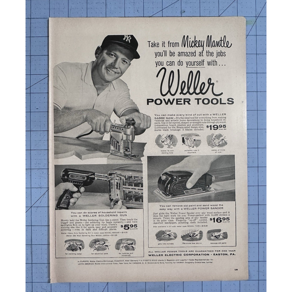 Vintage 1958 Mickey Mantle Weller Power Tools Print Ad